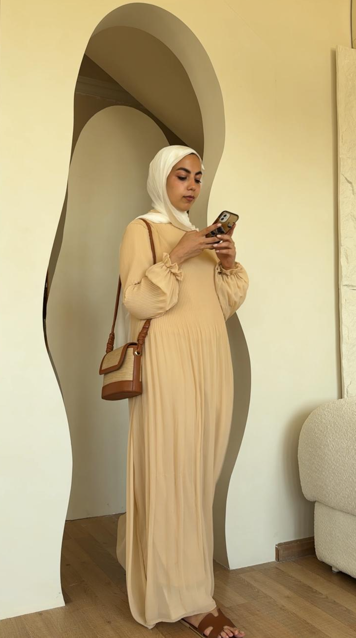 Beige Cloach Pleated Dress