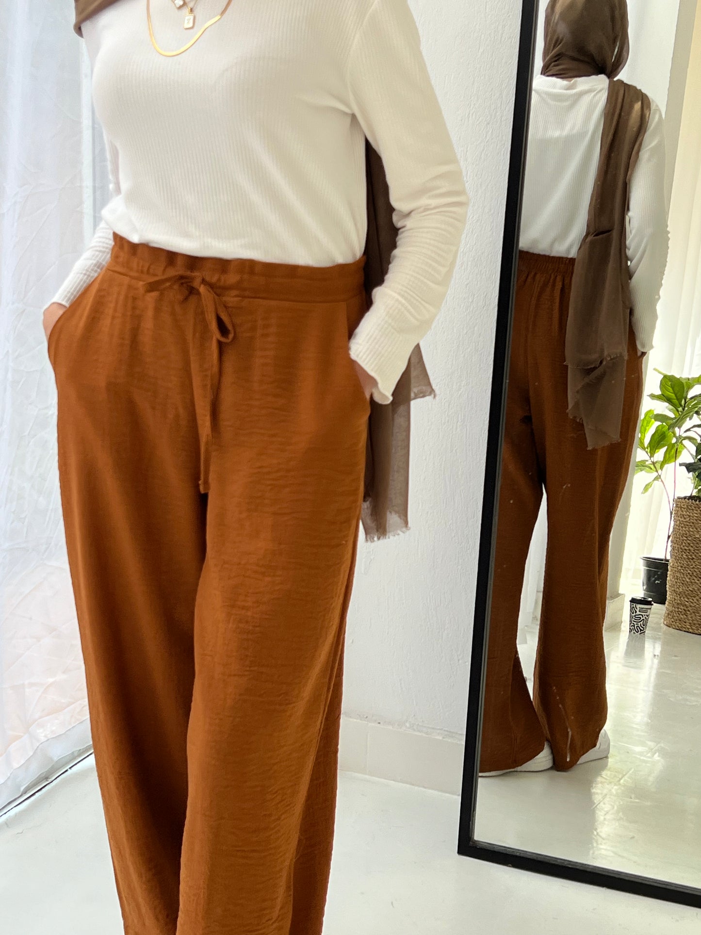 LINEN PANTS-BROWN