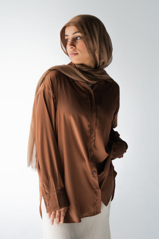 BROWN SATIN BASIC SHIRT