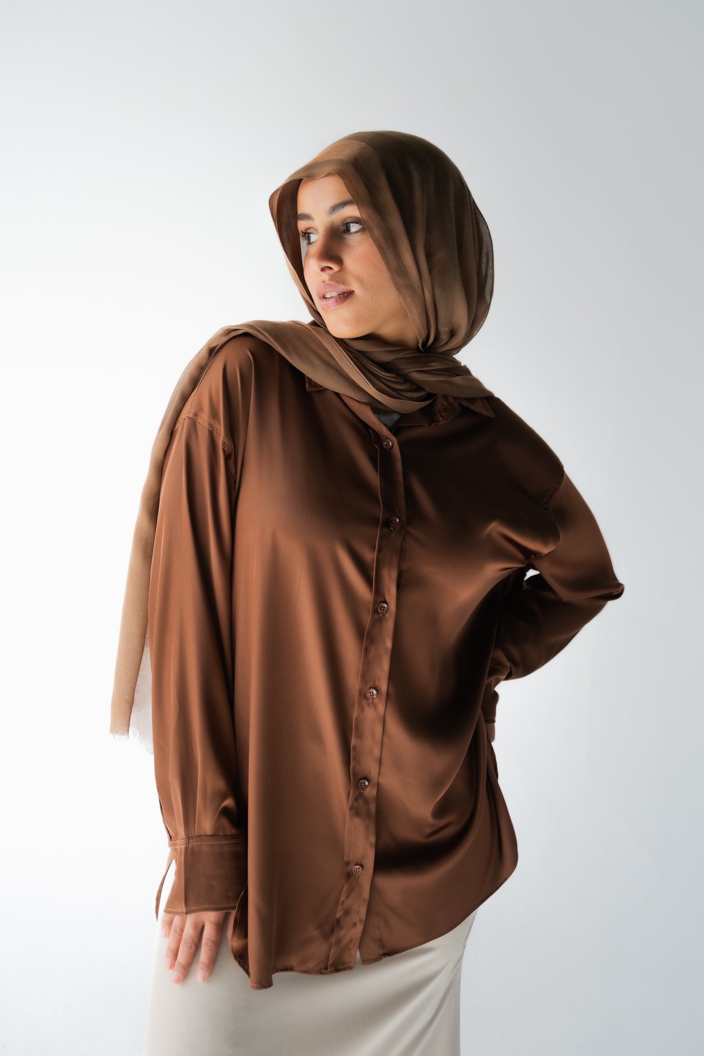 BROWN SATIN BASIC SHIRT