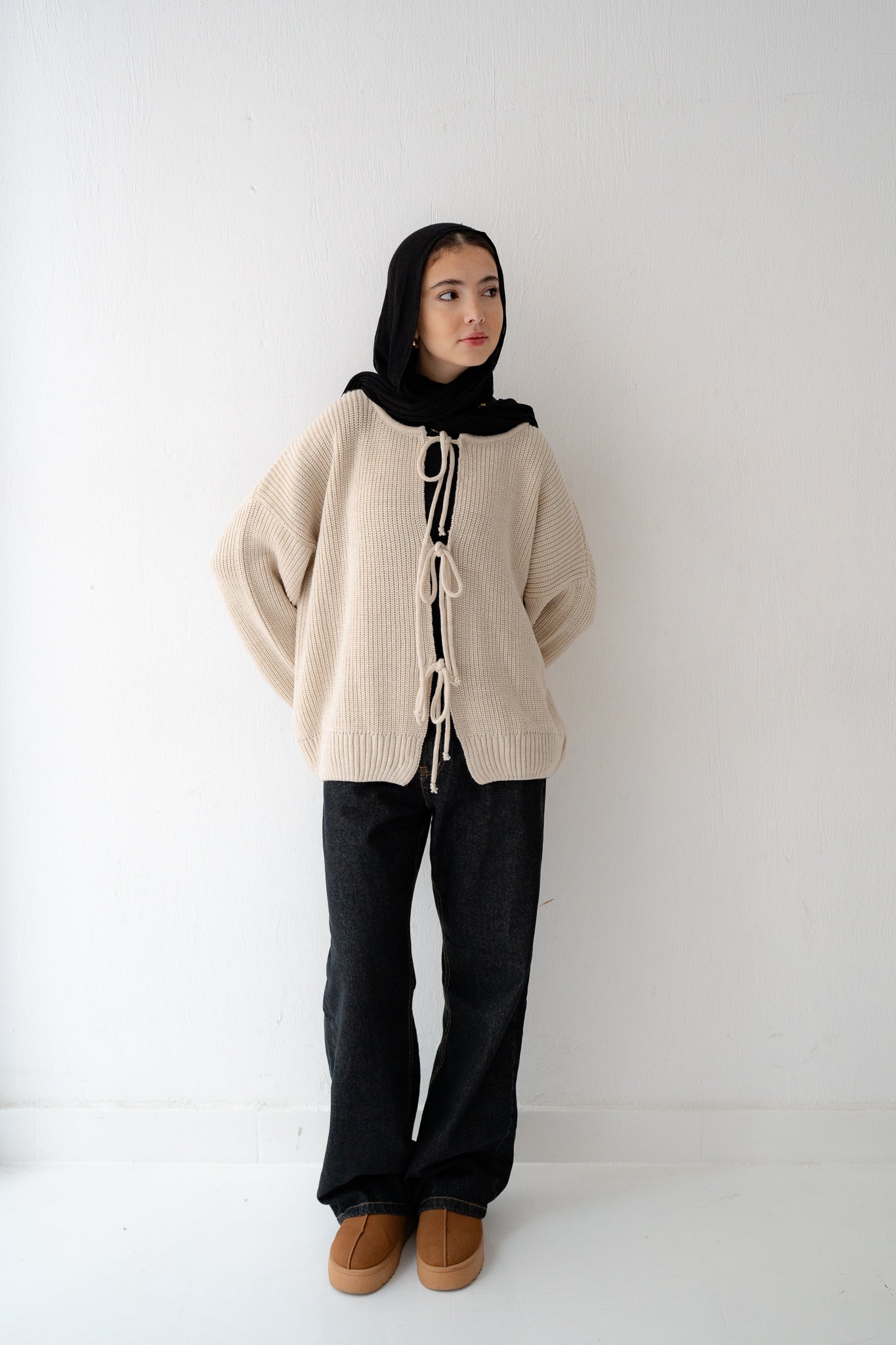 KNIT CARDIGAN WITH BOW IN BEIGE