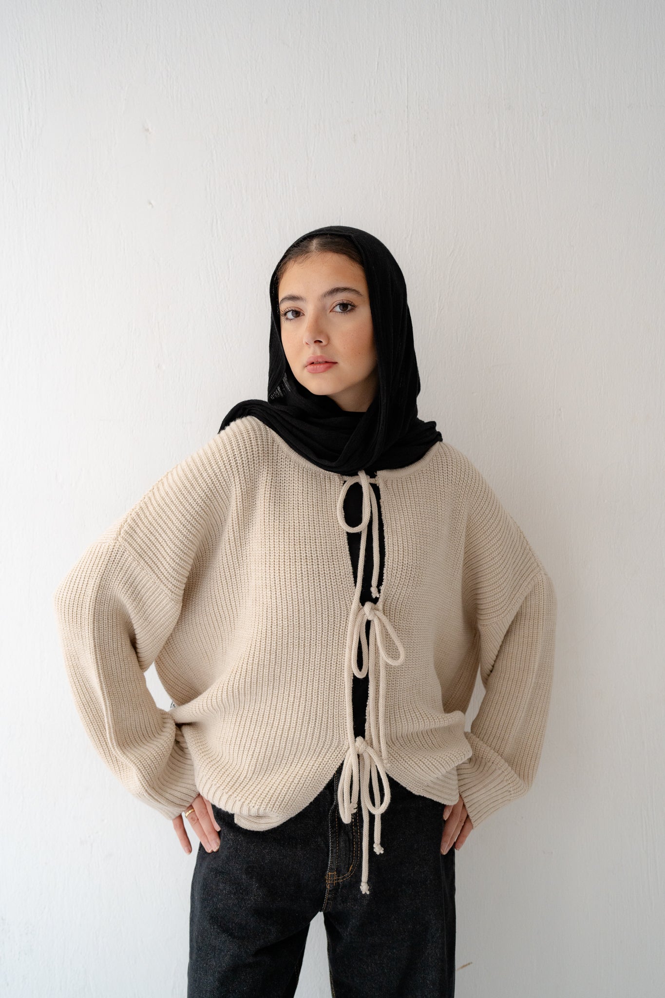 KNIT CARDIGAN WITH BOW IN BEIGE